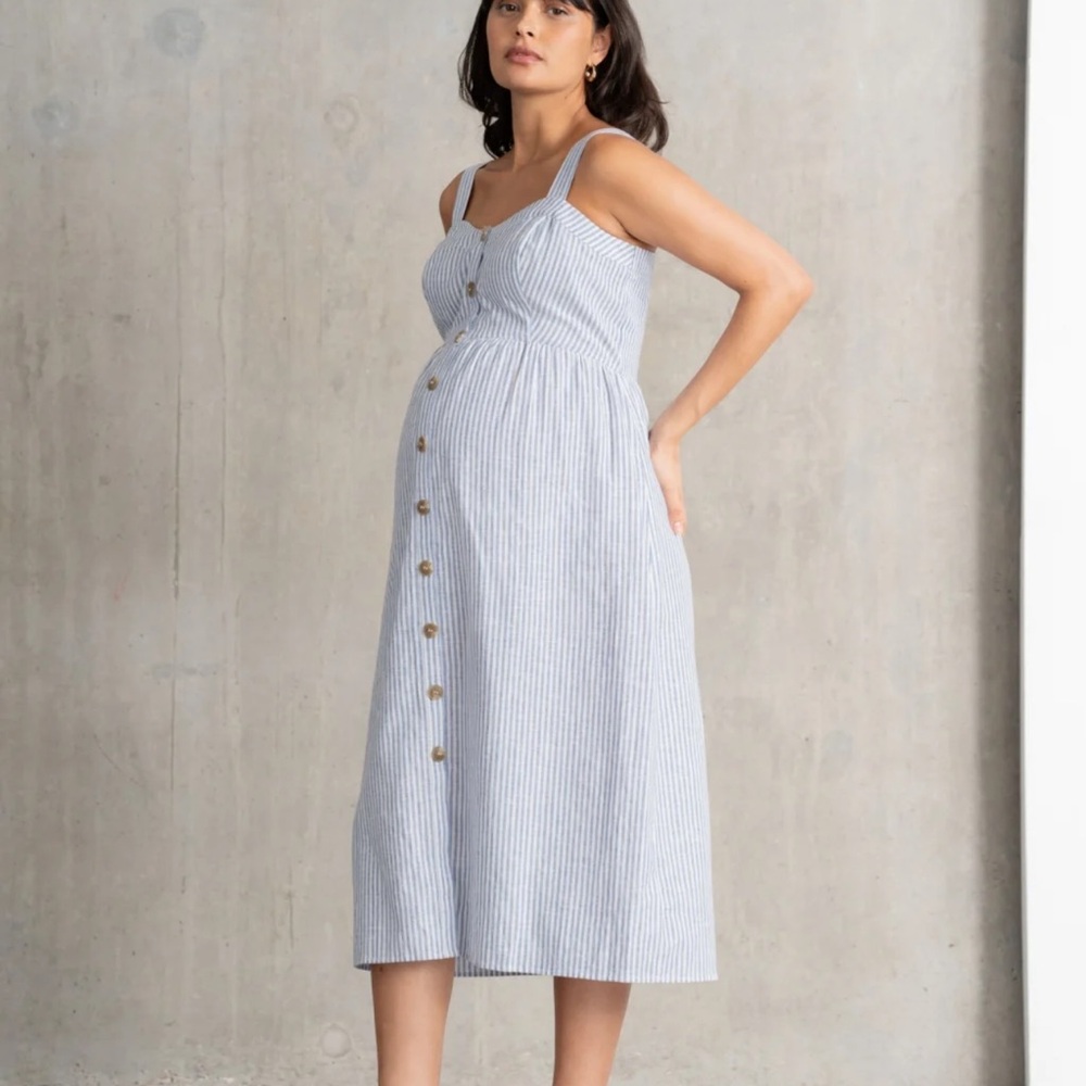 SERAPHINE Maternity Linen Cotton Striped Blue Midi Dress